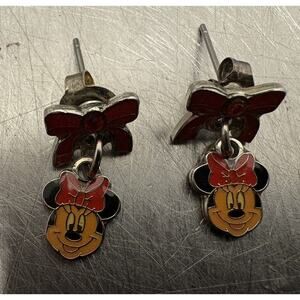 Silver Tone Minnie Mouse Red Bow Small Dangle Earrings Jewelry Disney